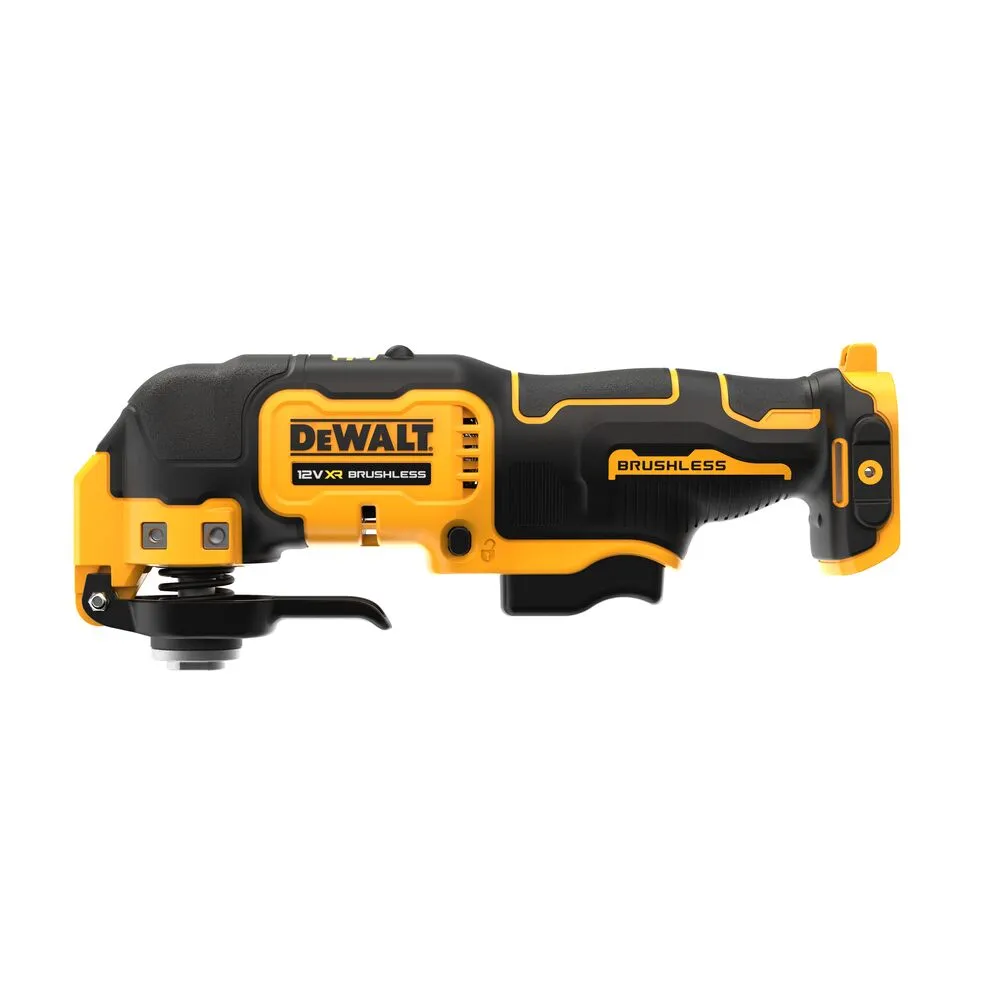 Pildil on Dewalt'i 12V XR Brushless multitööriist, millel on must-kollane disain.