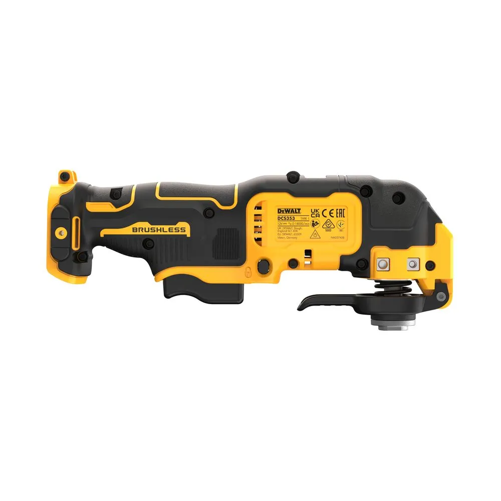 Pildil on näha kollase ja musta värvi Dewalt DCS353NT mudeli multitööriist, millel on sinine, punane ja kuldne sildistus.
