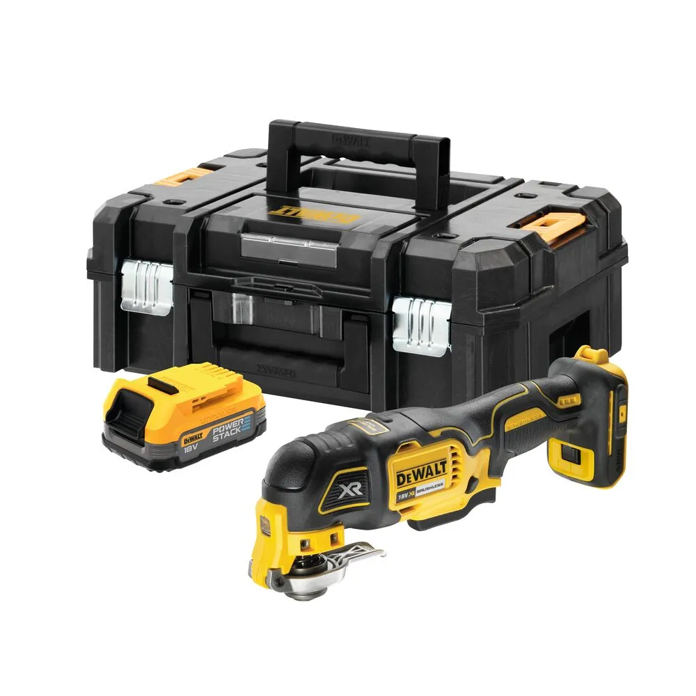 Pildil on näha DeWalt multitööriist DCS356E1T koos akupaki ja hoiukastiga.