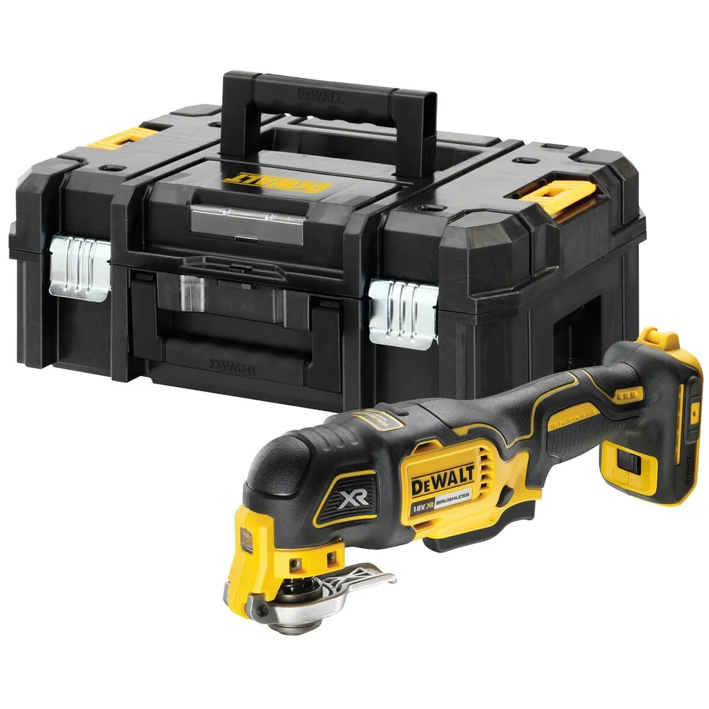 Pildil on DeWalt multitööriist DCS356NT koos hoiustuskohvriga.