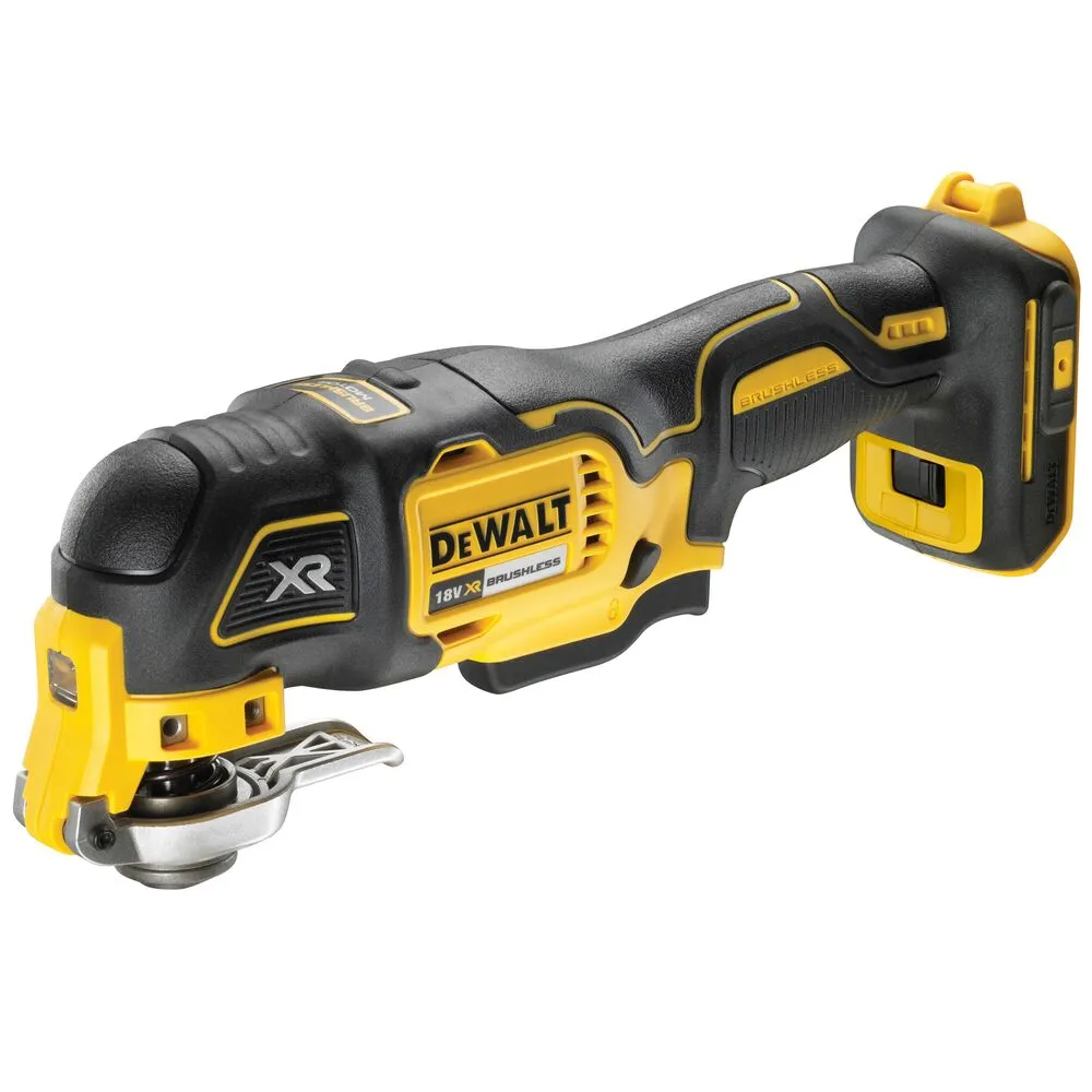 Pildil on kujutatud DeWalt XR Brushless multitööriist, millel on must ja kollane disain.