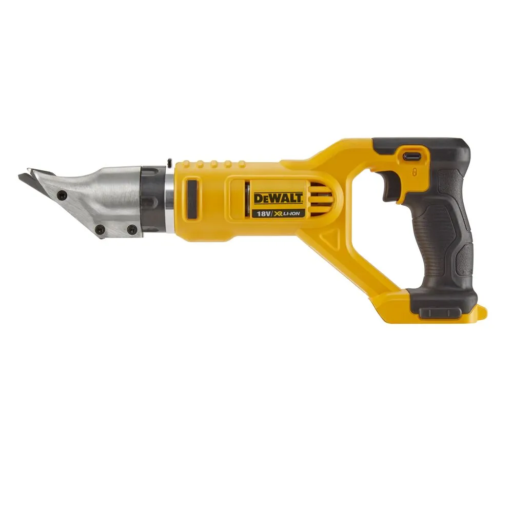 Pildil on DeWalt akuplekilõikur, mis on kollast ja musta värvi tööriist, millel on selgelt nähtav Dewalt logo ja tekst...