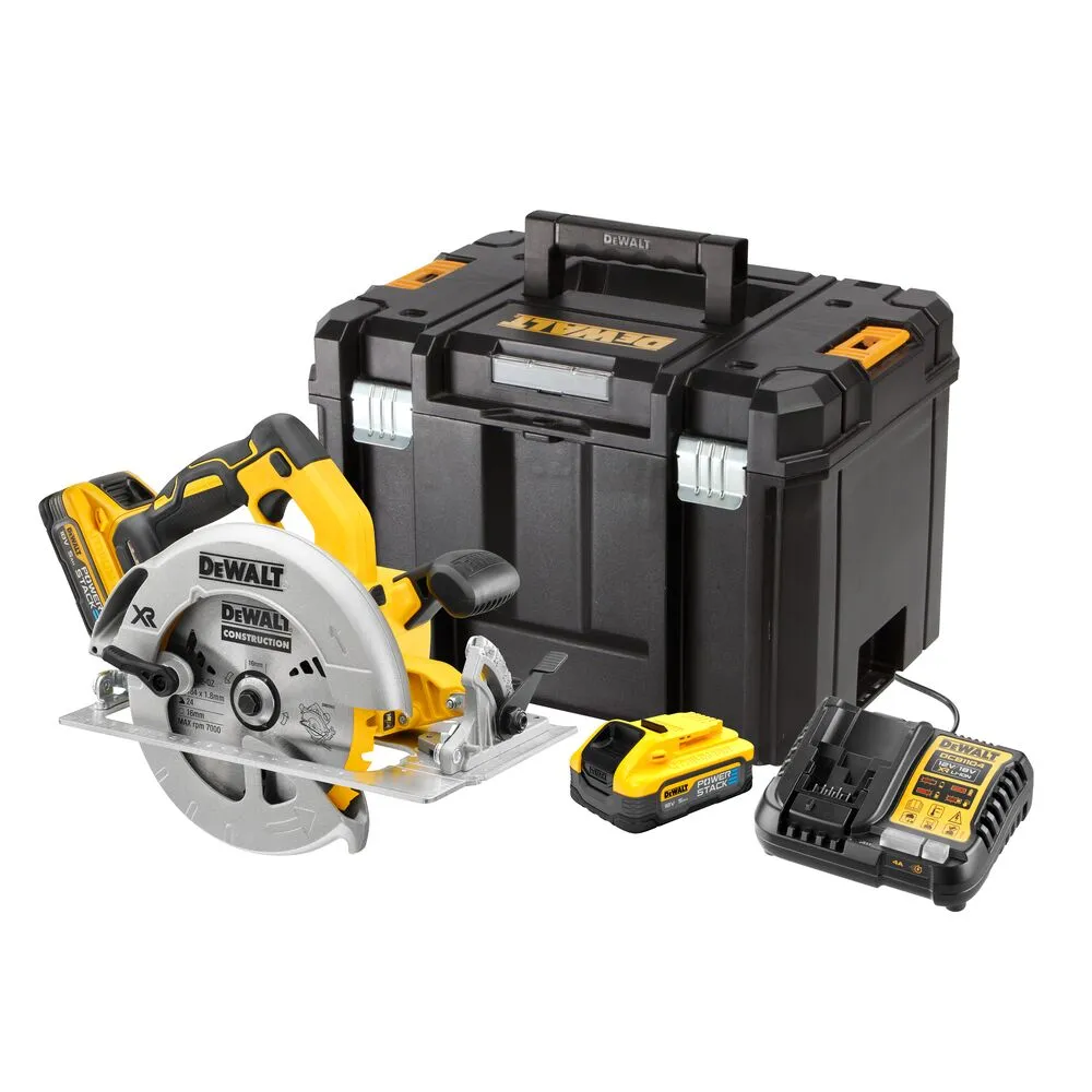 Pildil on näha DeWalt akuketassaag DCS570H2T, selle laadija, aku ja hoiukarp.
