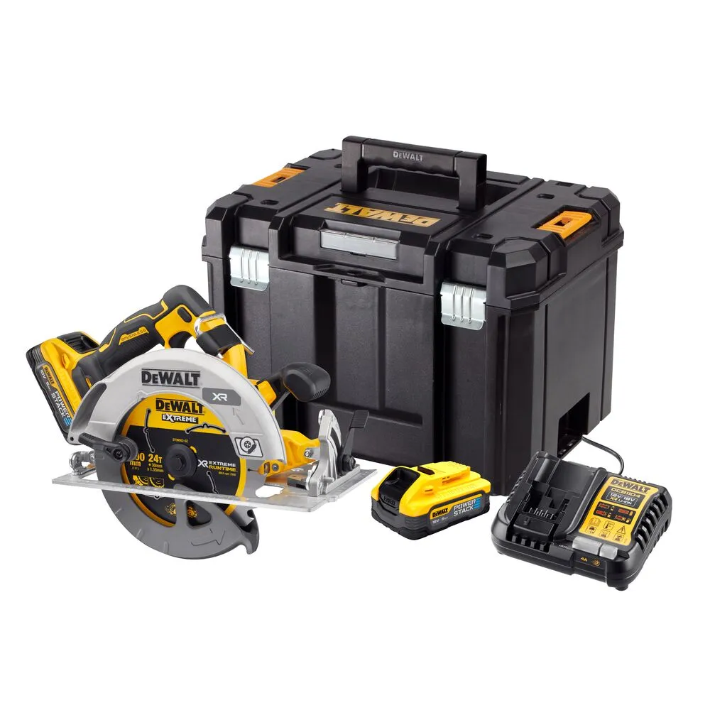 Pildil on DeWalt akuketassaag DCS573H2T koos akude, laadija ja hoiukapiga.