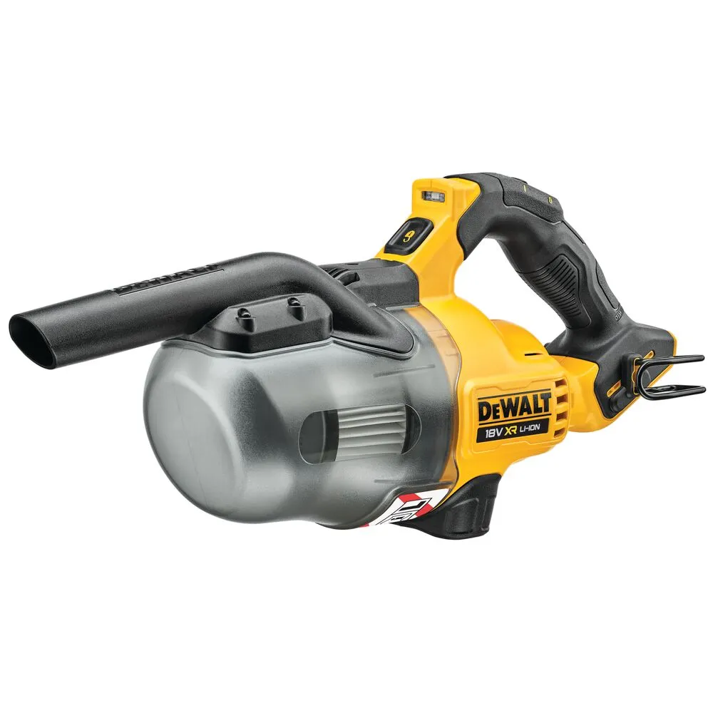 Pildil on kujutatud DeWalt 18V XR Li-Ion akutolmuimeja, millel on must imutoru ja läbipaistev tolmukoguja.