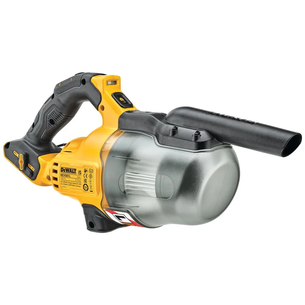 Pildil on näha kollast ja musta värvi DeWalt DCV501LN akutolmuimejat, mis on ilma aku ja laadijata.