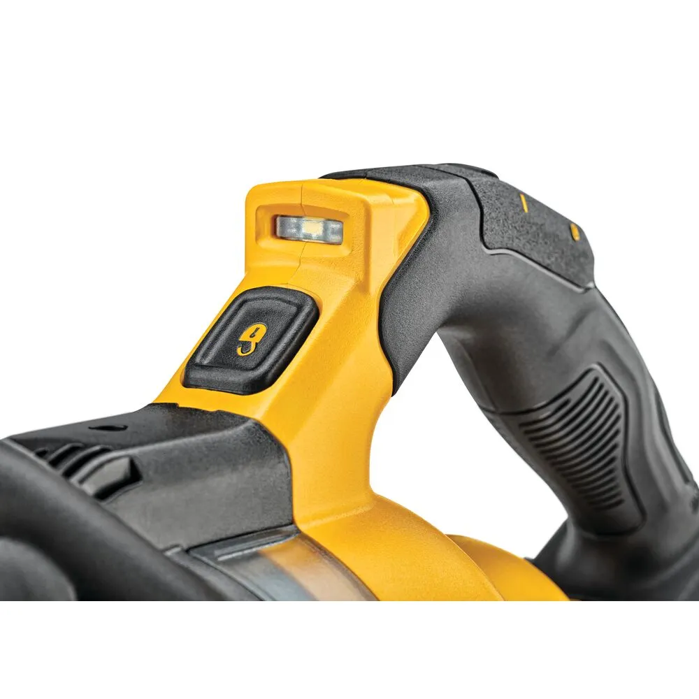 Pildil on näha DeWalt DCV501LN akutolmuimeja esiosa, millel on kollane korpus, must käepide ja nupp.