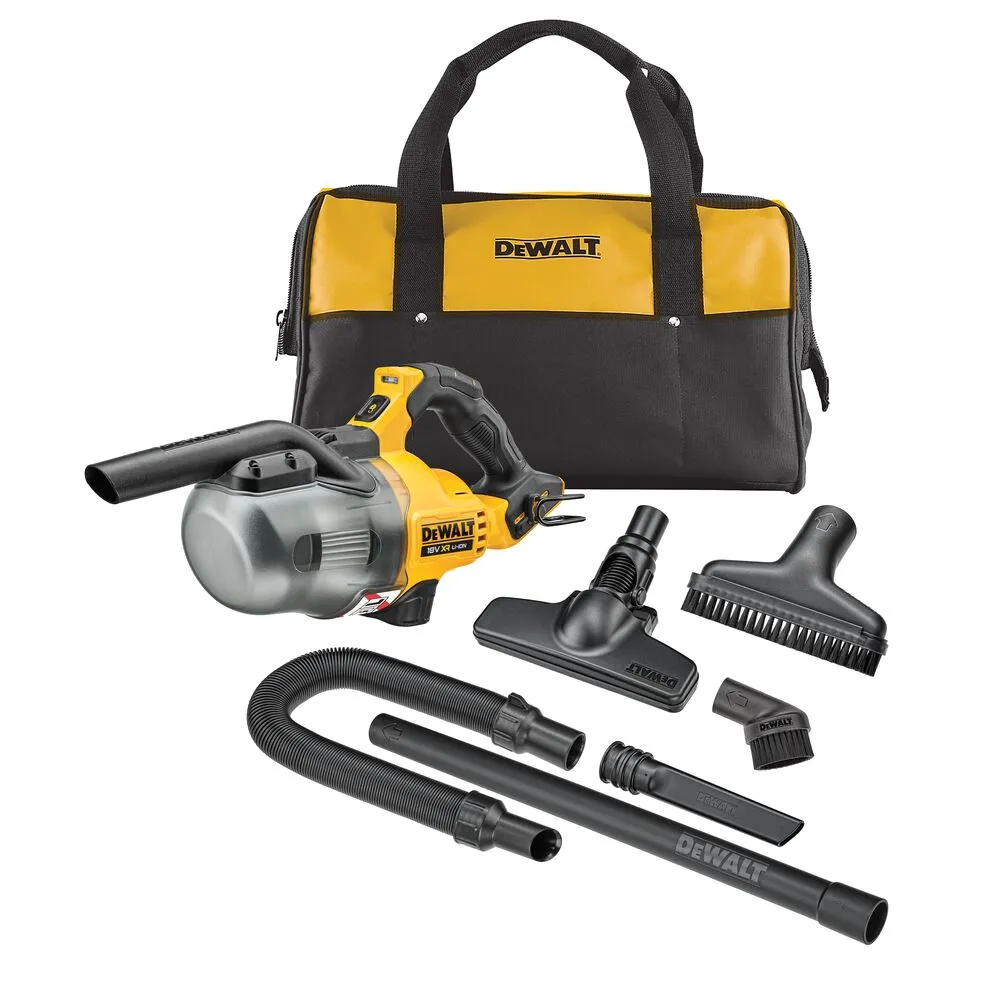 Pildil on näha DeWalt akutolmuimeja tarvikute ja hoiukotiga.