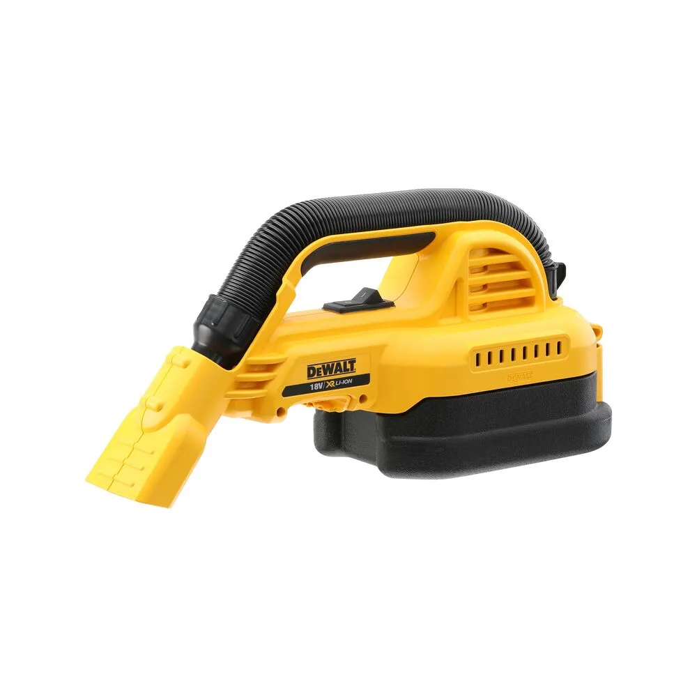Pildil on näha kollane DeWalt akutoitel tolmuimeja koos musta imivooliku ja otsikuga.