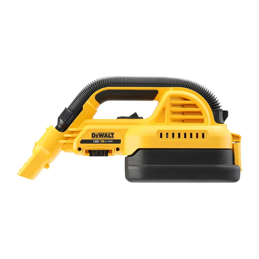 Pildil on kujutatud kollane DeWalt akutoitel käsitolmuimeja, millel on must painduv voolik ja must akukarp.