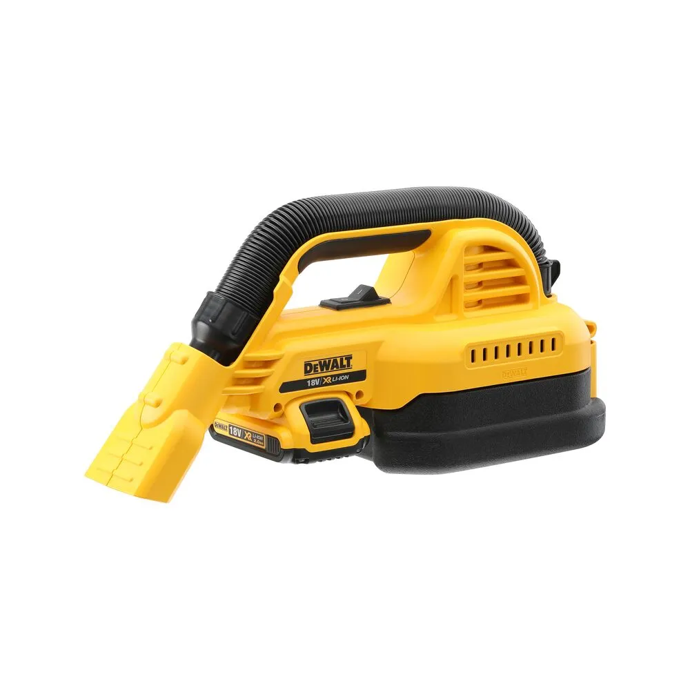 Pildil on näha DeWalt akutoitel tolmuimeja DCV517N, millel on kollane korpus, must painduv voolik ja otsik, ning mis...