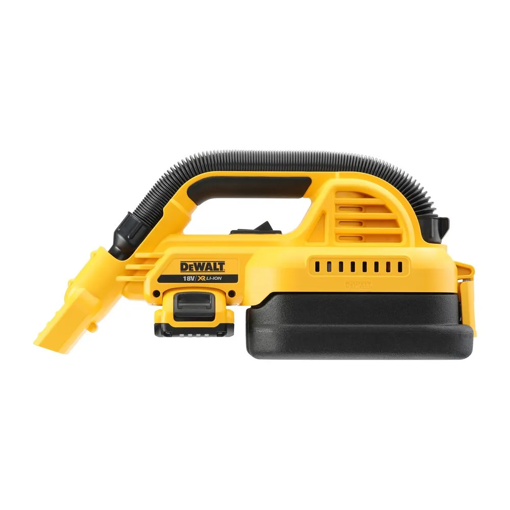Pildil on kujutatud DeWalt akutoitel töötav kaasaskantav tolmuimeja, mis on kollast ja musta värvi.