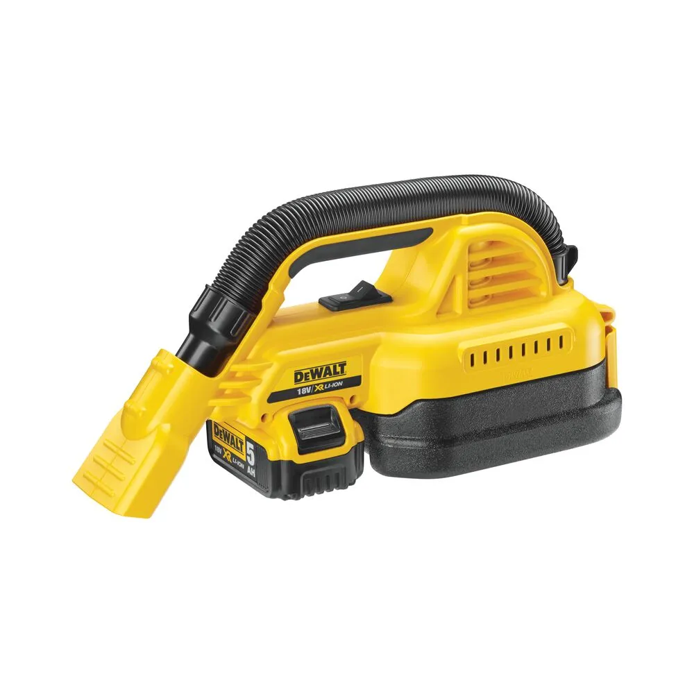 Pildil on kujutatud DeWalt akutoitel tolmuimeja, mis on kollast ja musta värvi.