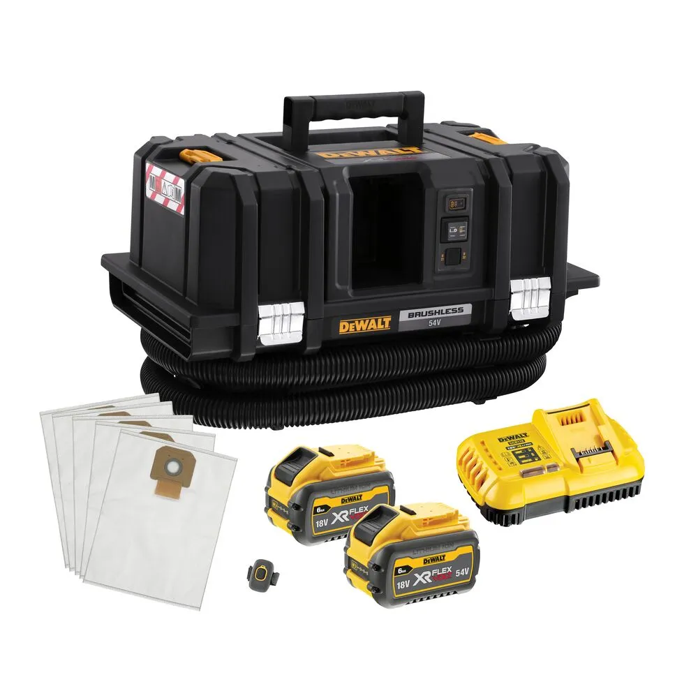 Pildil on näha must DeWalt akuga vee- ja tolmuimeja Flexvolt DCV586MT2, millel on kollane aku laadija ja must voolik.