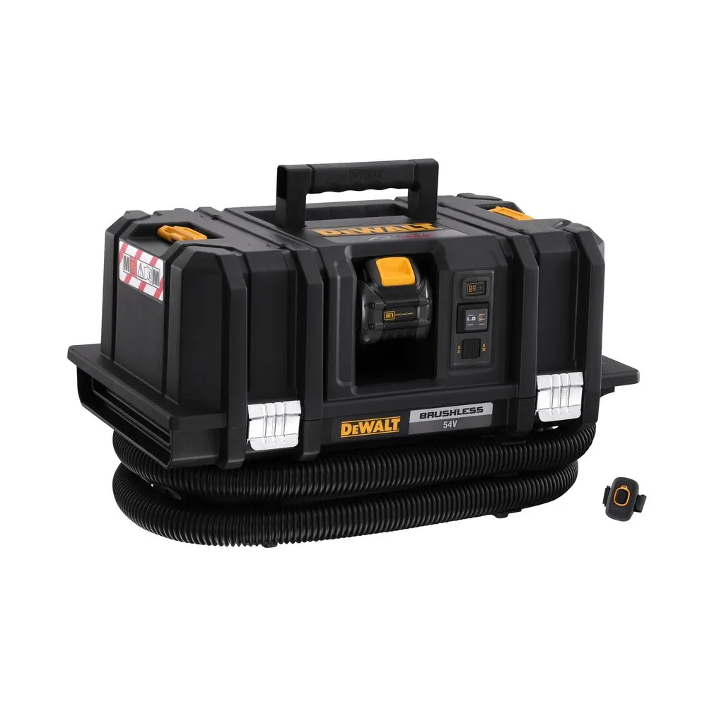 Pildil on näha must ja kollane DeWalt akuga vee- ja tolmuimeja Flexvolt DCV586MT2, millel on must voolik.