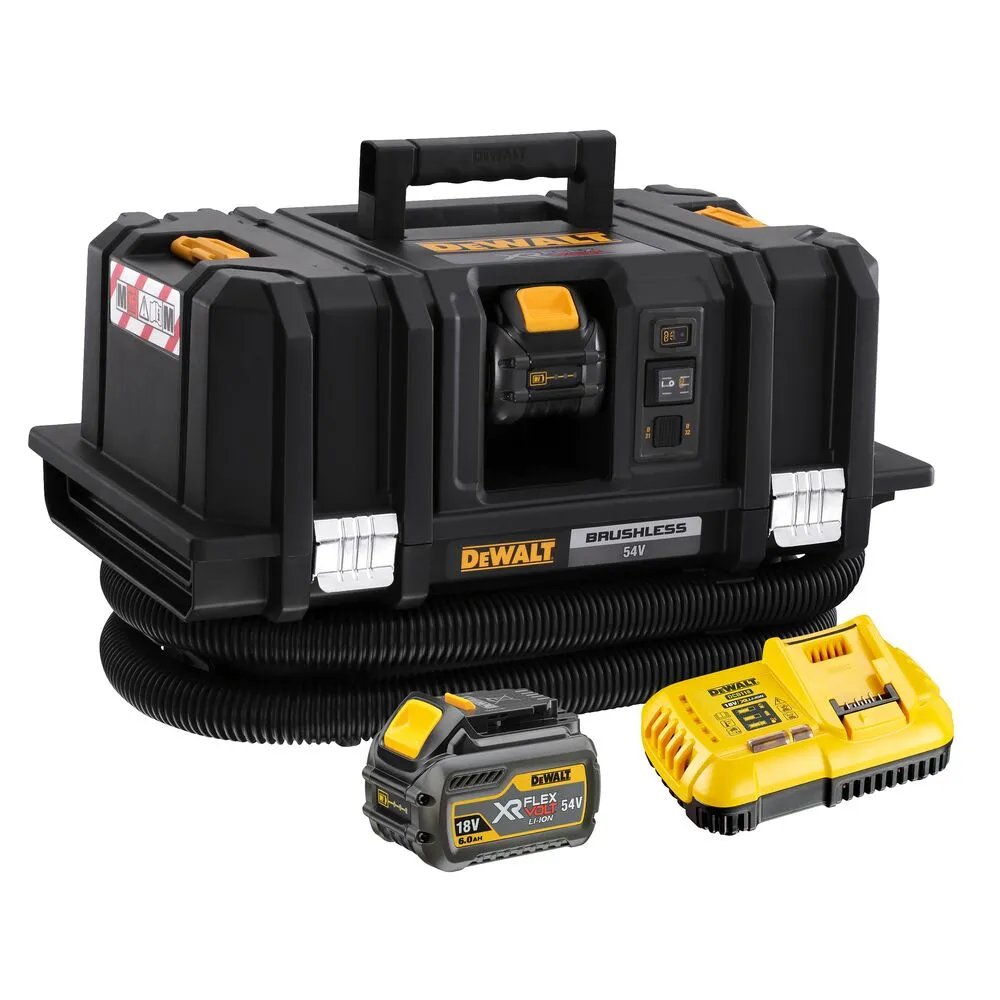 Pildil on DeWalt akuga vee- ja tolmuimeja Flexvolt DCV586MT2, millel on must korpus, kollased detailid ja must voolik.