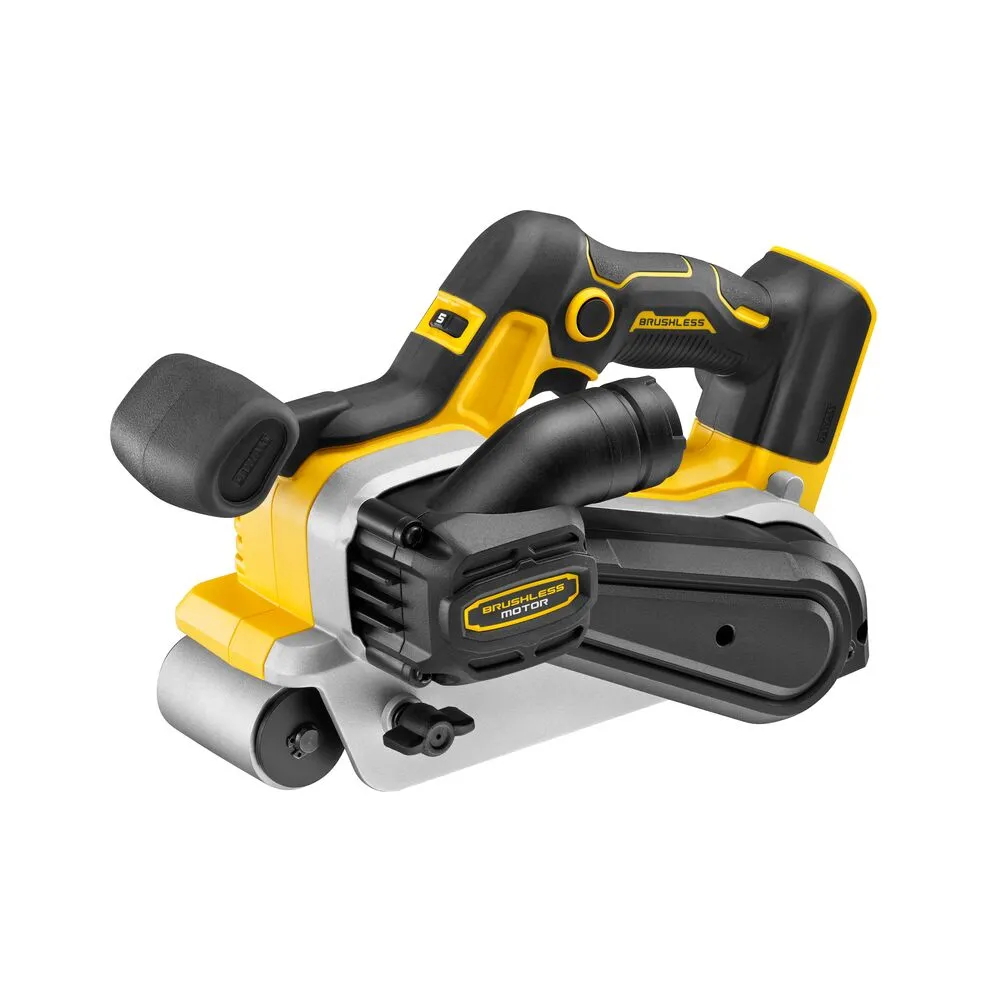 Pildil on näha kollane-must DeWalt akulintlihvija DCW220N, mis on varustatud tolmuimeja toru ja esirullikuga.