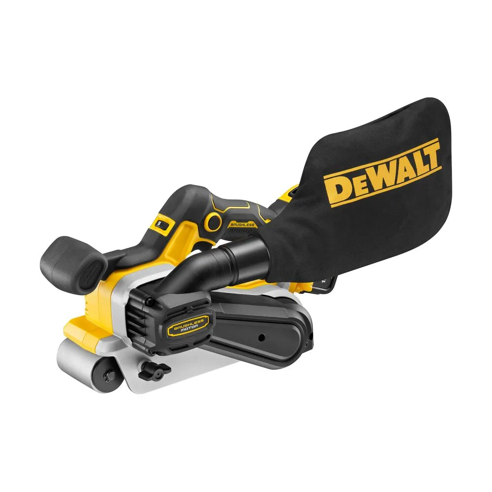 Pildil on näha kollane ja musta värvi DeWalt akutoitel lintlihvija koos tolmukotiga.