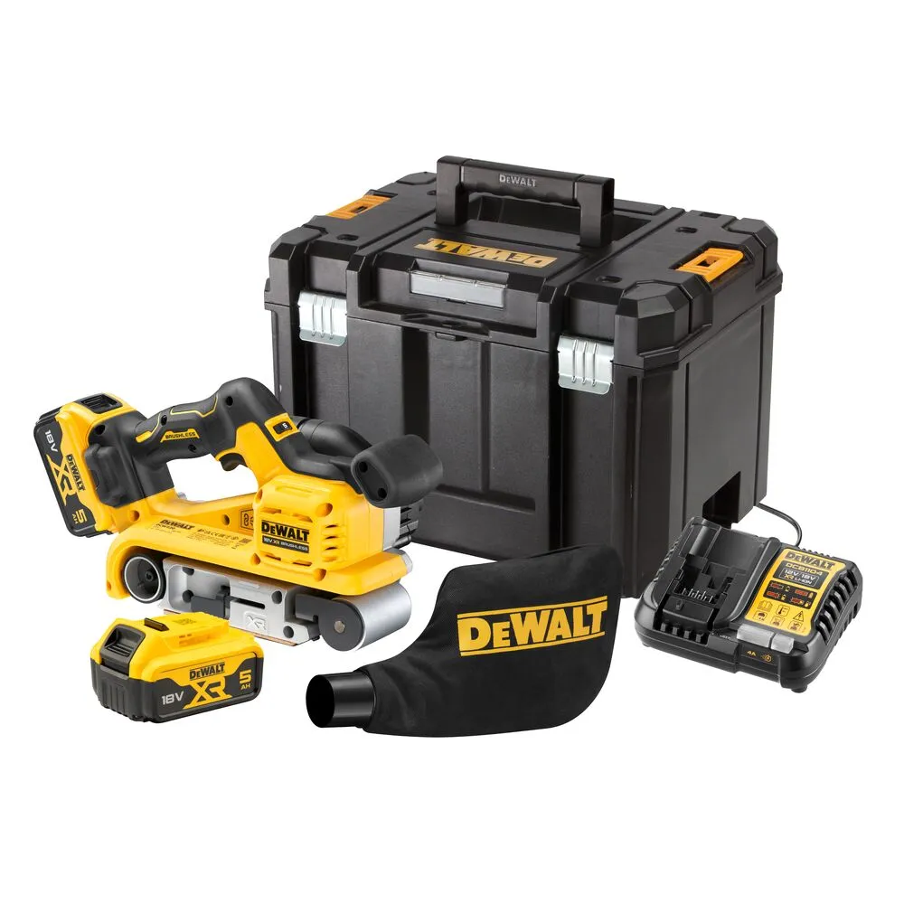 Pildil on näha DeWalt akulintlihvija DCW220P2 koos laadija, akude, tolmukoti ja hoiukohvriga.