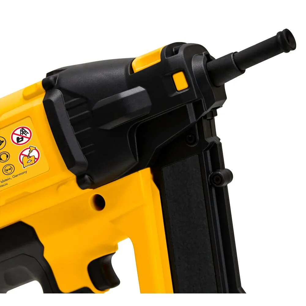 Pildil on näha DeWalt gaasiga akunaelapüstoli DGN845D1 kollast ja musta korpust koos detailidega, mis on tüüpiline...