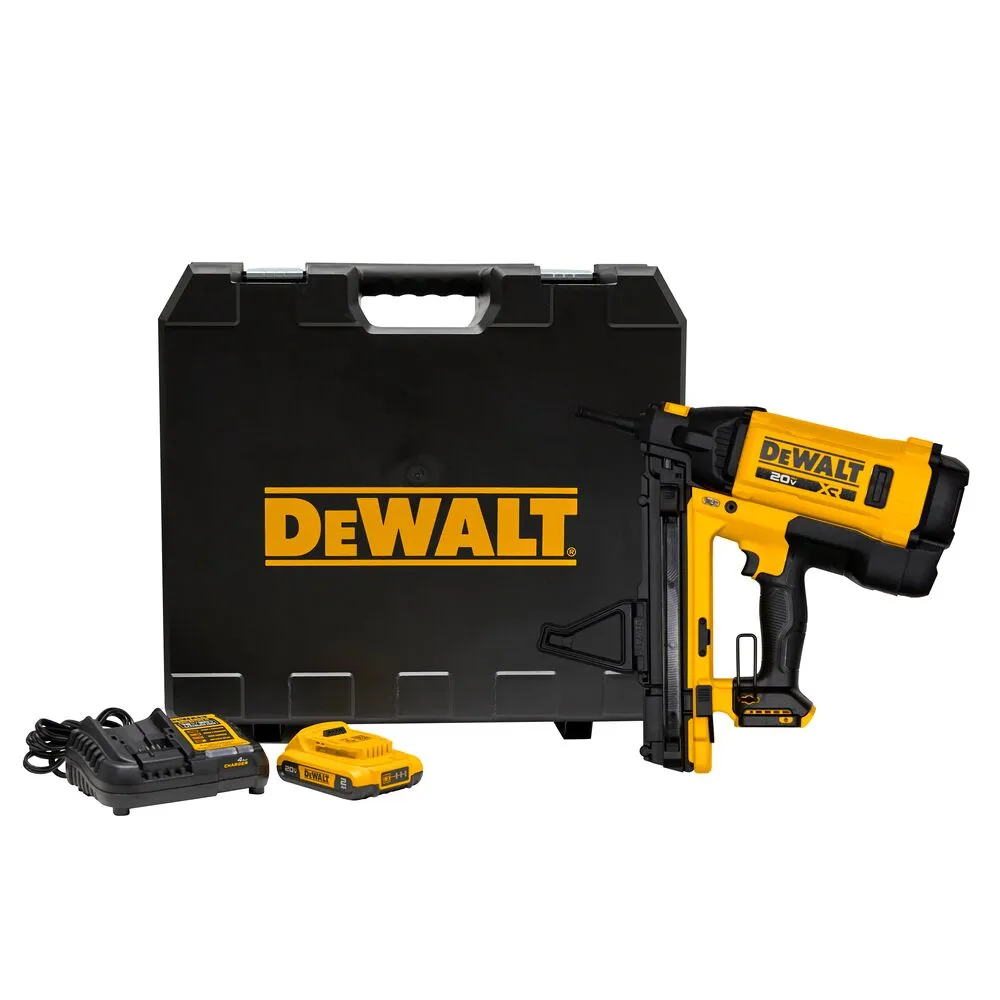 Pildil on näha DeWalt gaasiga akunaelapüstol koos akulaadija, aku ja hoiukohvriga.