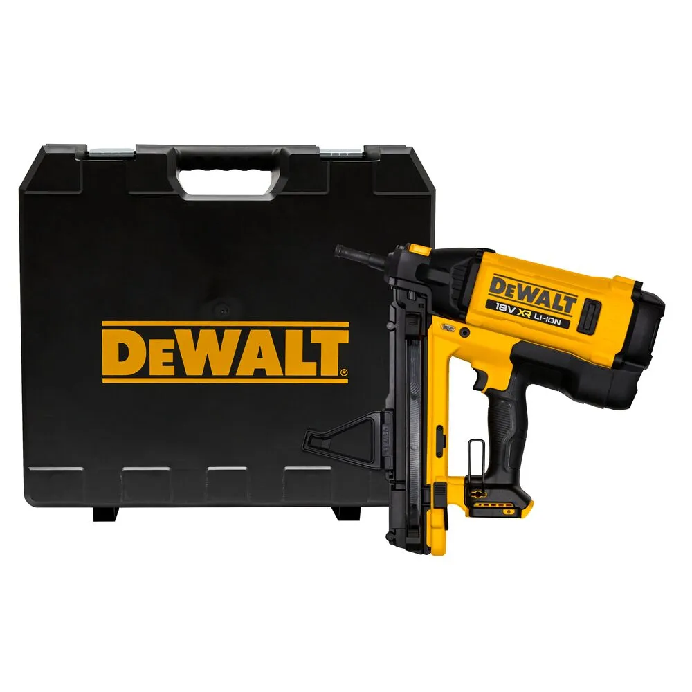 Pildil on DeWalt gaasiga akunaelapüstol DGN845N, mis on esitatud koos musta hoiukohvriga.