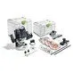 Pildil on Festool ülafrees OF 2200 EB-Set koos erinevate tarvikute ja hoiukastidega.