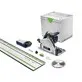 Pildil on Festool akusukelsaag TSC 55 KSEB-Basic-FS koos juhtsiiniga, saekettaga, tarvikutega ja Systainer kohvriga.