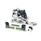Pildil on näha Festool miiusaag KAPEX KS 120 REB-Set-AS koos tarvikutega, sealhulgas saeleht, piirdekomplekt ja juhtsiinid.