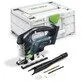 Pildil on Festool akutikksaag CARVEX PSBC 420 EB-Basic koos kohvriga, lisatarvikute ja saelehtedega.