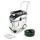 Pildil on Festool CLEANTEC CTL 48 E vee- ja tolmuimeja, millega on kaasas voolik, kasutusjuhend ja ratastega korpus.