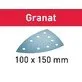 Pildil on Festool lihvpaber Granat STF DELTA/9, mis on kolmnurkse kujuga ja millel on augud tolmu eemaldamiseks.