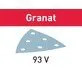 Pildil on Festool lihvpaber Granat STF V93/6, mis on kolmnurkse kujuga ja millel on augud tolmu eemaldamiseks.