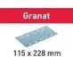 Pildil on Festool lihvpaber Granat STF mõõtmetega 115 x 228 mm, millel on augud tolmu eemaldamiseks.