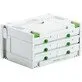 Pildil on Festool Sortainer SYS 3-SORT/6, mis on valge ja rohelise detailidega tööriistade hoiukast, millel on kolm sahtlit.