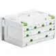Pildil on valge Festool Sortainer SYS 3-SORT/9, millel on mitu sahtlit ja rohelised lukustusmehhanismid.