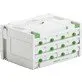Pildil on Festool Sortainer SYS 3-SORT/12, mis on valge ja rohelise detailidega tööriistade hoiukast, millel on mitu sahtlit.