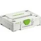 Pildil on valge Festool Systainer³ SYS3 M 112, millel on roheline lukk ja kaanel Festooli logo.