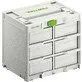 Pildil on Festool systainer³ Rack SYS3-RK/6 M 337-Set, mis on valge värvi ja sisaldab kuut sahtlit.
