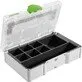 Pildil on avatud Festool Systainer³ SYS3 S 76 TRA UNI, mis on valge karp läbipaistva kaanega, mille sees on mustad...