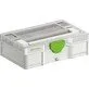 Pildil on Festool Systainer³ SYS3 S 76 TRA, mis on valge ja läbipaistva kaanega tööriistakohver, millel on roheline lukk.