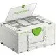 Pildil on avatud kaanega Festool Systainer³ SYS3 DF M 187, mis näitab sisemisi sahtleid ja hoiuruumi.
