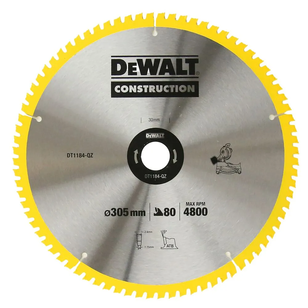 Pildil on näha kollase servaga ümmargune DeWalt DT1184 saeketas läbimõõduga 305 mm.
