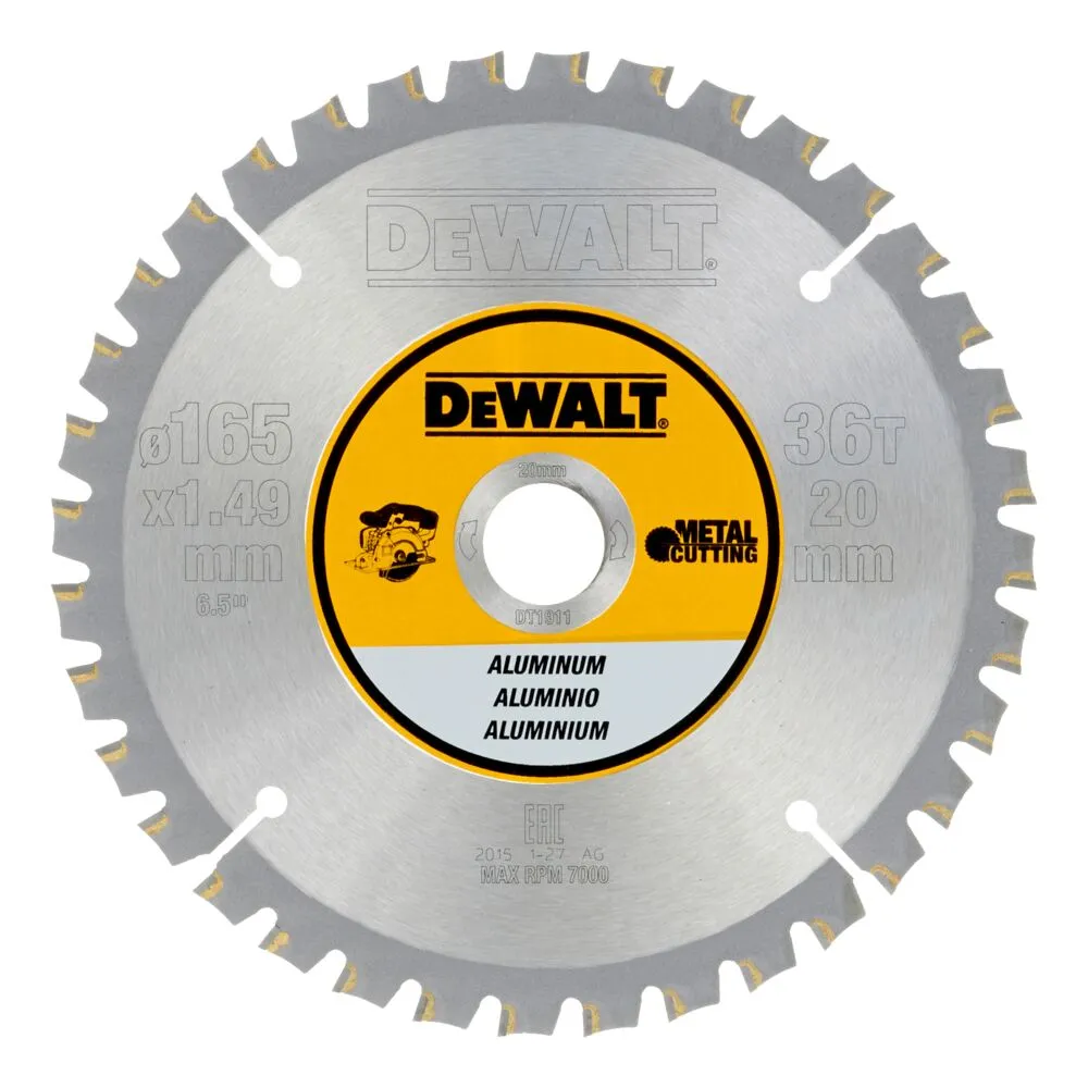 Pildil on näha DeWalt 165mm läbimõõduga 20mm avaga 36 hambaga saeketas, mis on mõeldud alumiiniumi lõikamiseks.