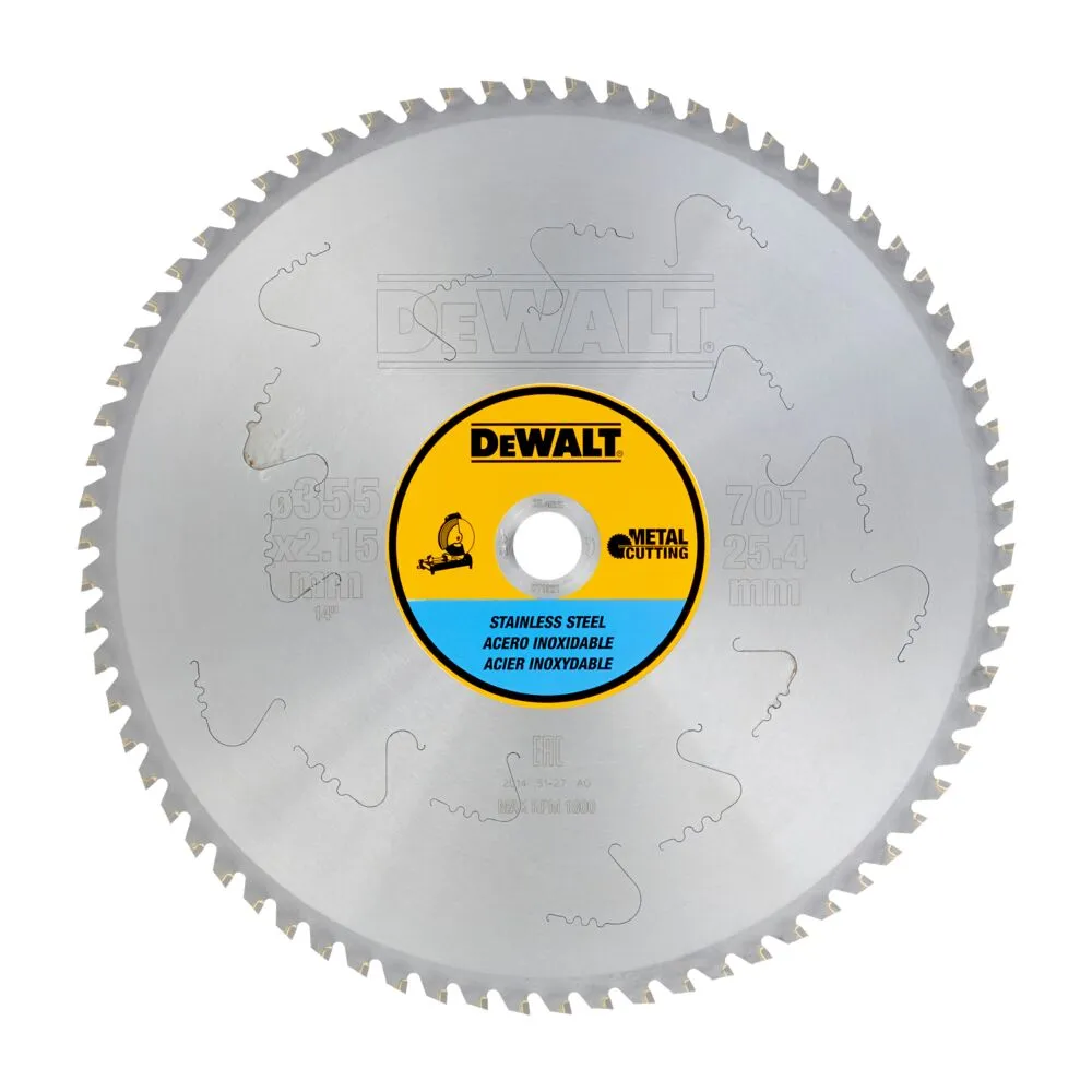 Pildil on näha DeWalt 355 x 25.4 mm 70T saeketas roostevaba terase lõikamiseks.