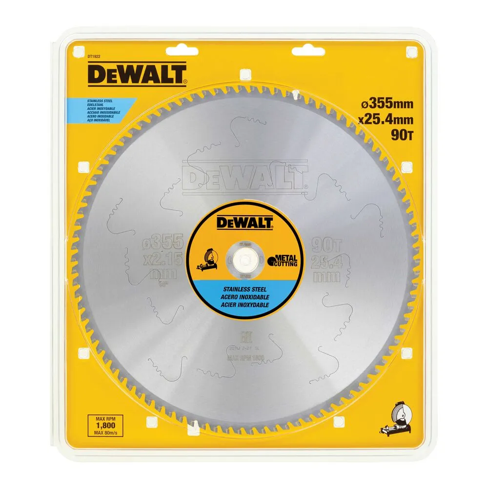 Pildil on näha DeWalt saeketas roostevabale metallile, mille läbimõõt on 355 mm ja sisediameeter 25,4 mm.