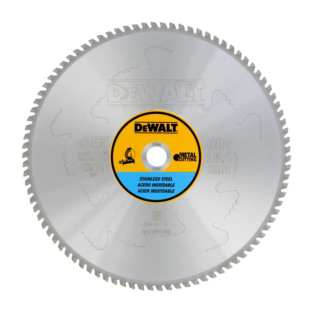 Pildil on näha DeWalt 355 mm läbimõõduga saeketas roostevabale metallile.