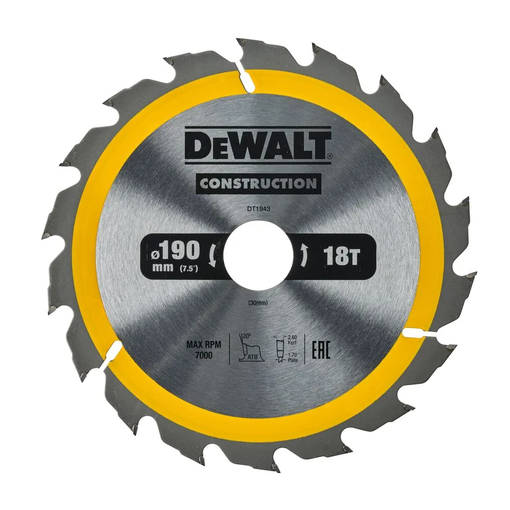 Pildil on näha DeWalt DT1943 190 x 30 mm saeketas kollase värvi detailidega, millel on kirjas ka "DeWalt CONSTRUCTION".