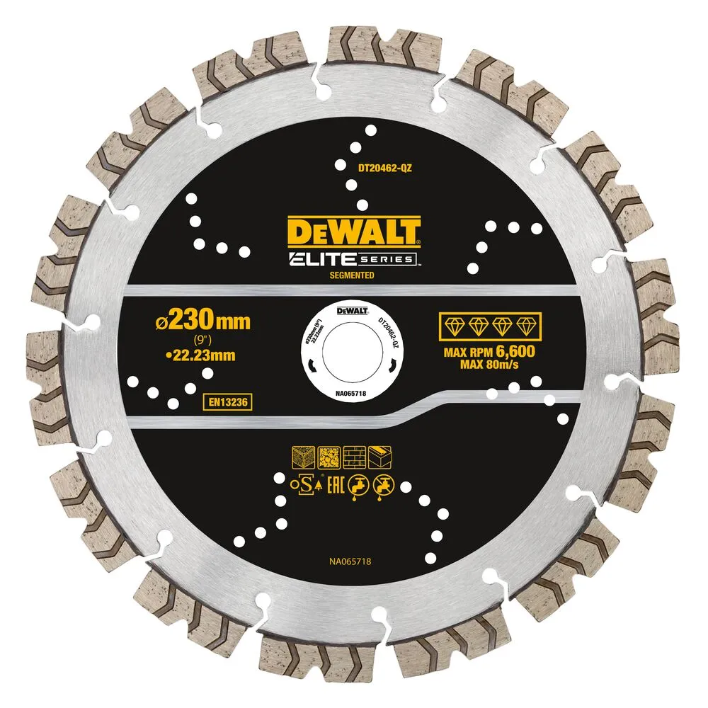 Pildil on DeWalt teemantlõikeketas Elite 230 mm, millel on segmenteeritud serv ja mitmeid märgistusi.