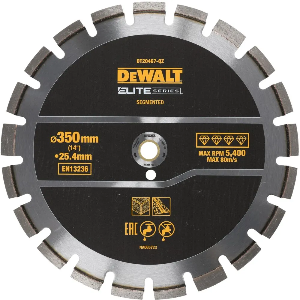 Pildil on näha DeWalt Elite seeria segmentlõiketeraga teemantlõikeketas, mille läbimõõt on 350 mm ja ava 25,4 mm.